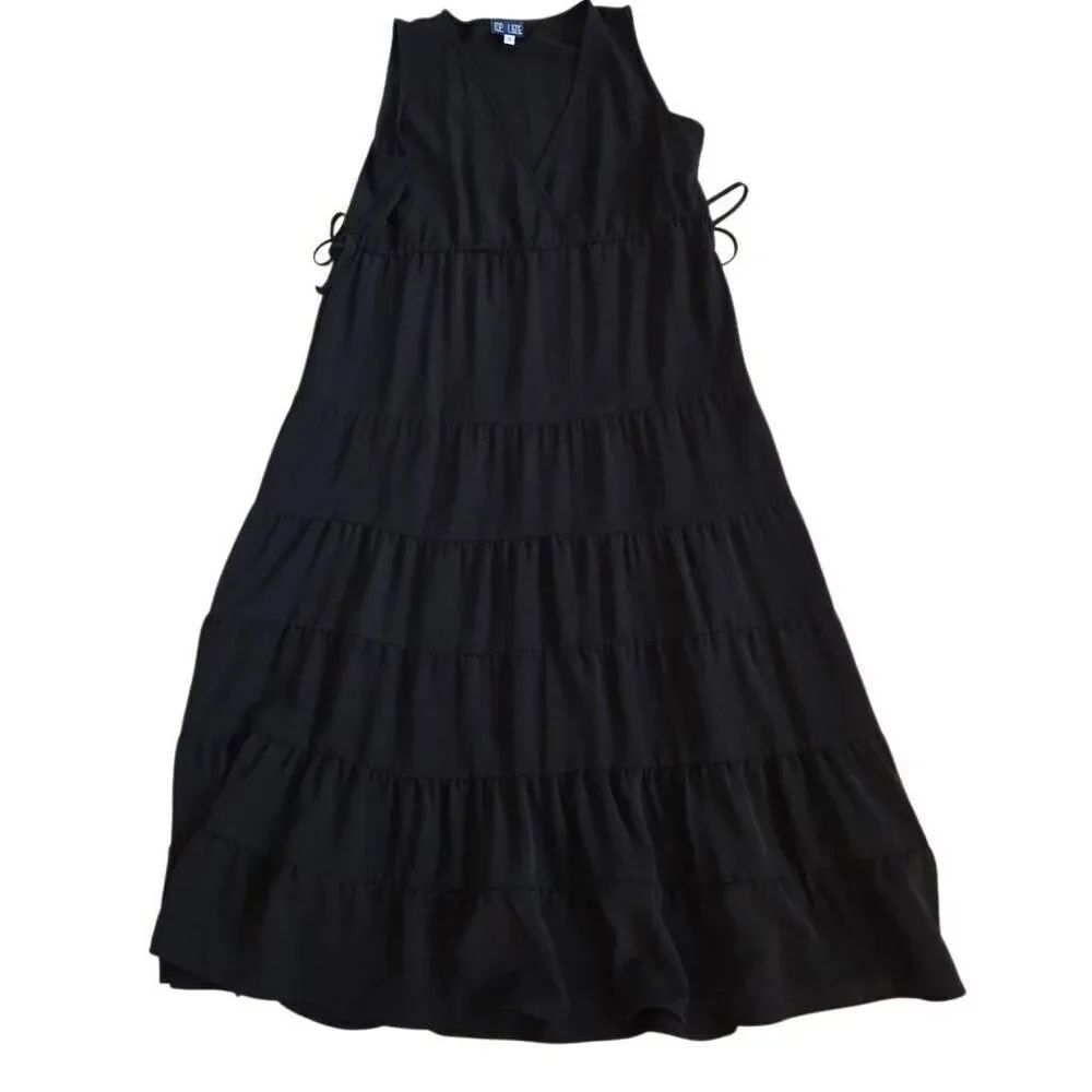 Top Ligne Womens V-Neck Ruffled Tiered Sleeveless Maxi Sundress Black Medium